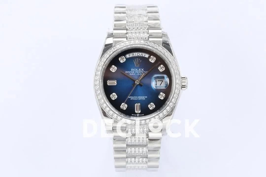 Replica Rolex Day-Date 36 128349RBR Blue Dial with Diamond Bezel in White Gold |  Declock.