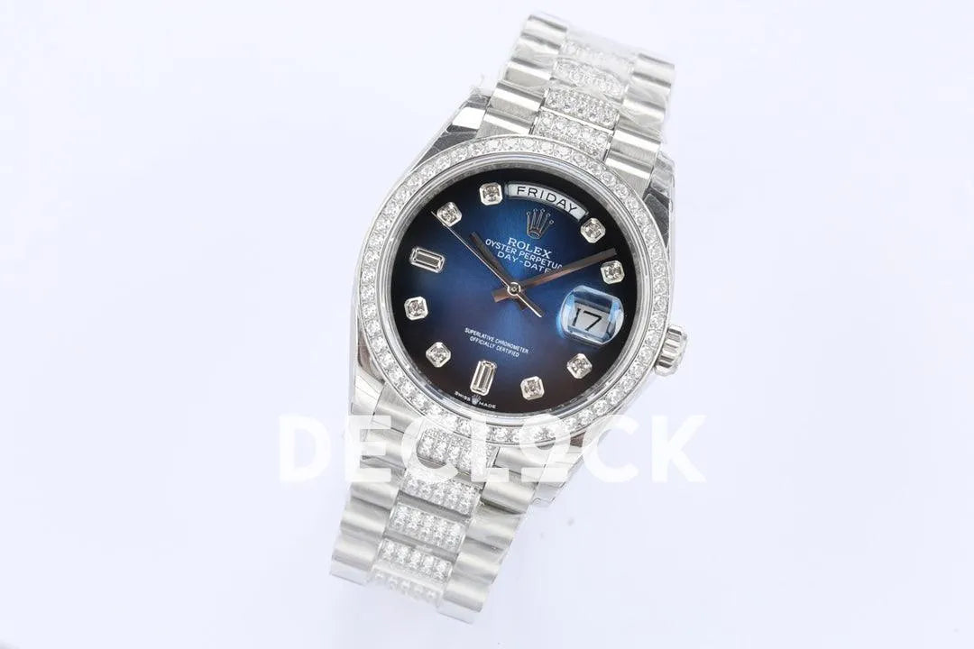 Replica Rolex Day-Date 36 128349RBR Blue Dial with Diamond Bezel in White Gold