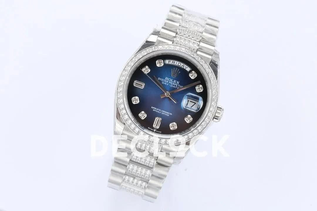 Replica Rolex Day-Date 36 128349RBR Blue Dial with Diamond Bezel in White Gold |  Declock.