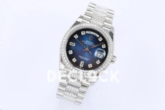 Replica Rolex Day-Date 36 128349RBR Blue Dial with Diamond Bezel in White Gold | Declock.