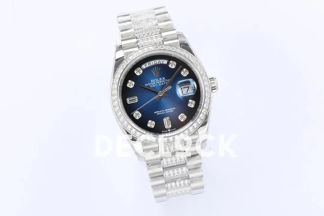 Replica Rolex Day-Date 36 128349RBR Blue Dial with Diamond Bezel in White Gold