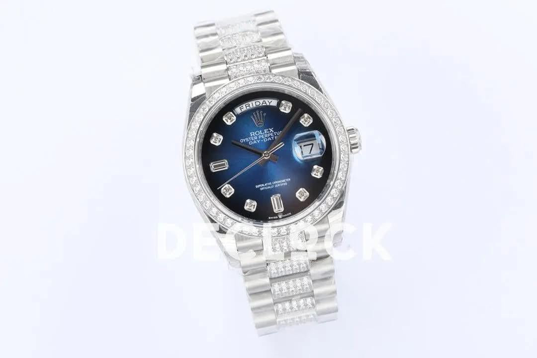 Replica Rolex Day-Date 36 128349RBR Blue Dial with Diamond Bezel in White Gold |  Declock.
