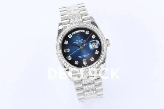 Replica Rolex Day-Date 36 128349RBR Blue Dial with Diamond Bezel in White Gold | Declock.