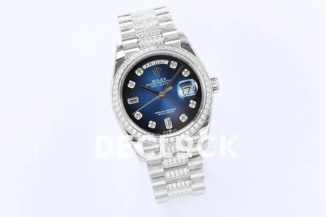 Replica Rolex Day-Date 36 128349RBR Blue Dial with Diamond Bezel in White Gold
