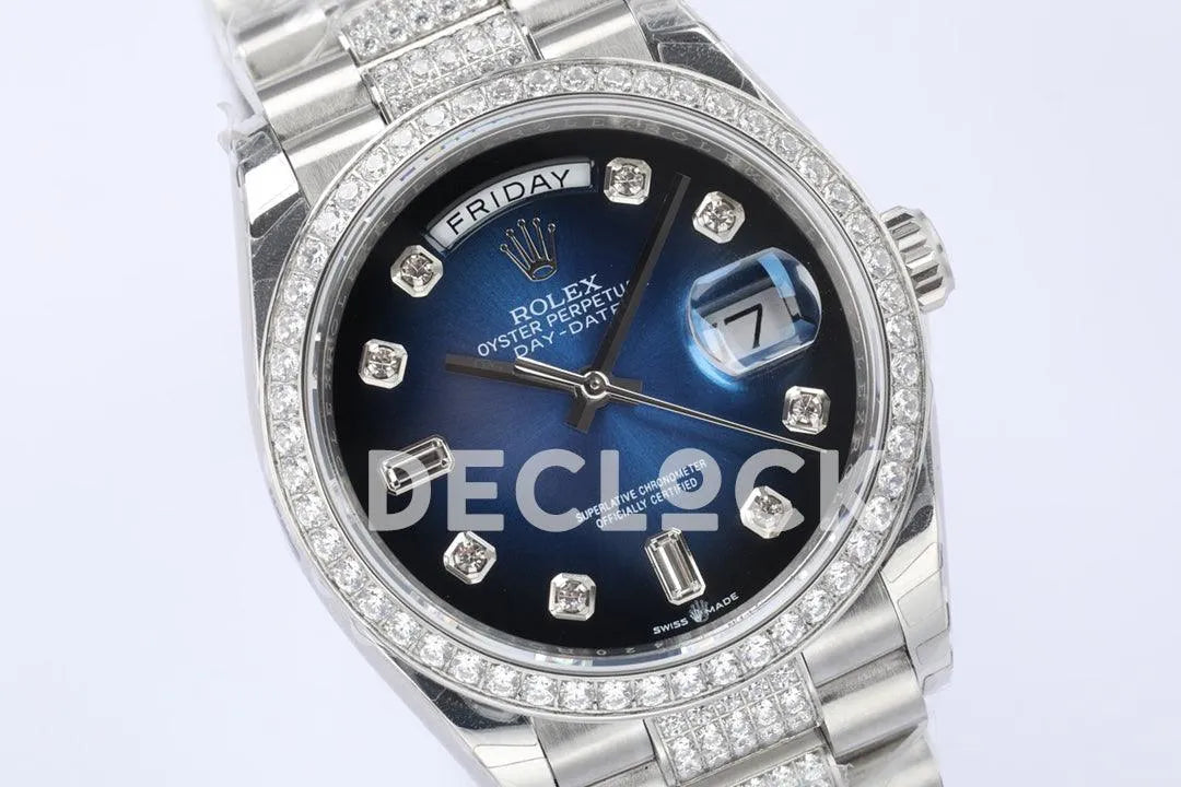 Replica Rolex Day-Date 36 128349RBR Blue Dial with Diamond Bezel in White Gold