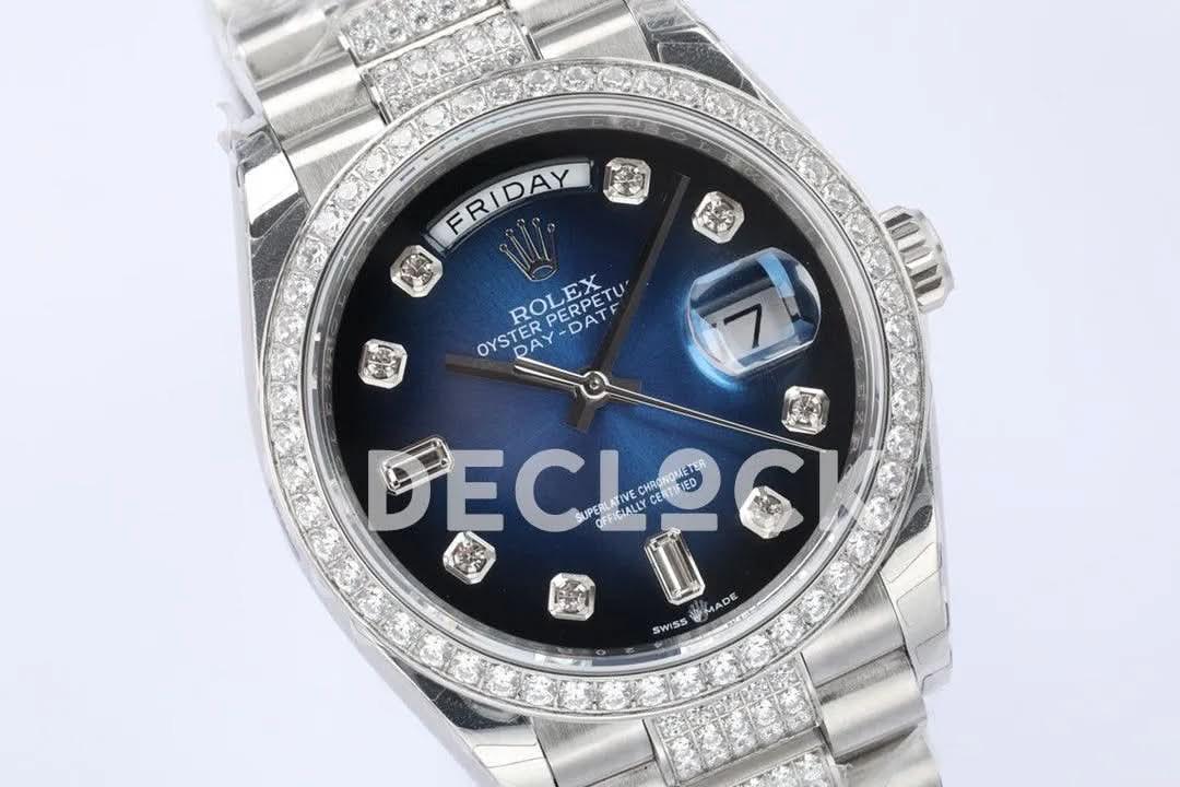 Replica Rolex Day-Date 36 128349RBR Blue Dial with Diamond Bezel in White Gold |  Declock.