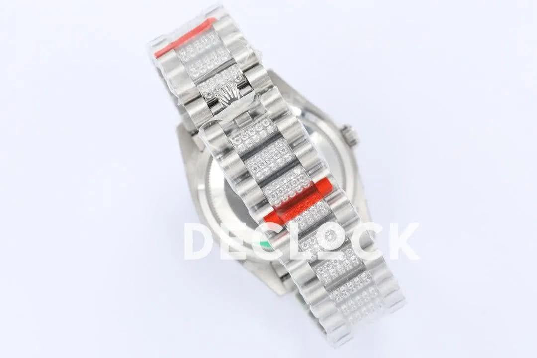 Replica Rolex Day-Date 36 128349RBR Blue Dial with Diamond Bezel in White Gold |  Declock.