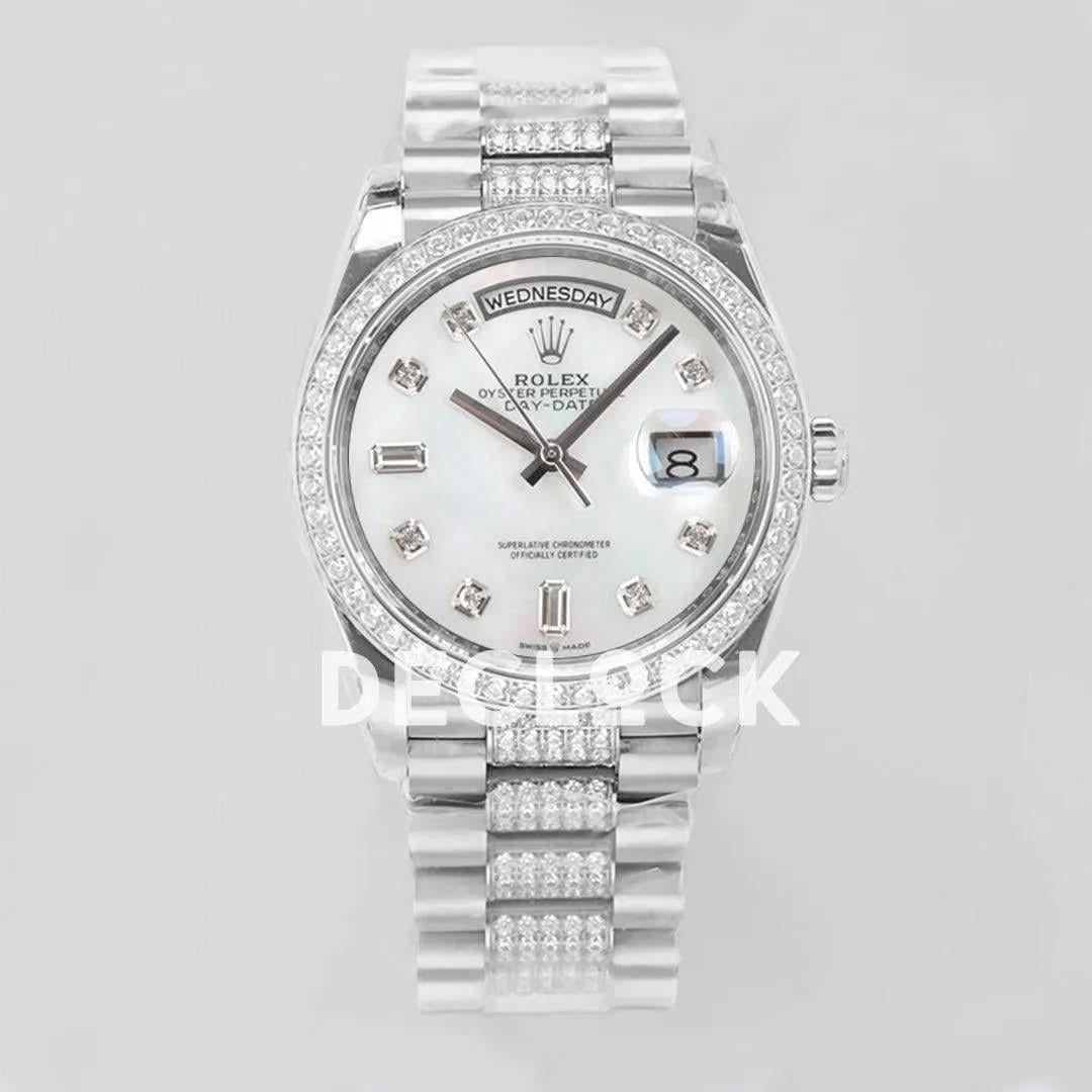 Replica Rolex Day-Date 36 128349RBR MOP Dial with Diamond Bezel in White Gold |  Declock.