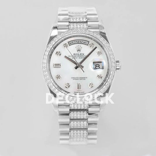 Replica Rolex Day-Date 36 128349RBR MOP Dial with Diamond Bezel in White Gold | Declock.