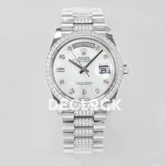 Replica Rolex Day-Date 36 128349RBR MOP Dial with Diamond Bezel in White Gold