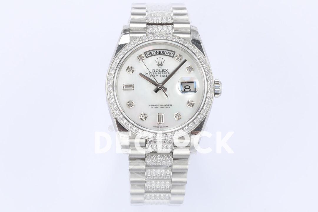 Replica Rolex Day-Date 36 128349RBR MOP Dial with Diamond Bezel in White Gold - Replica Watches