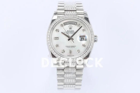 Replica Rolex Day-Date 36 128349RBR MOP Dial with Diamond Bezel in White Gold | Declock.