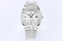 Replica Rolex Day-Date 36 128349RBR MOP Dial with Diamond Bezel in White Gold