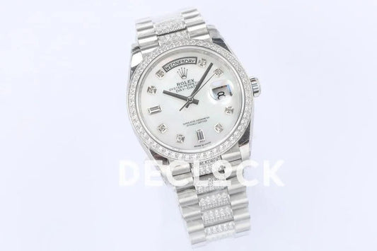 Replica Rolex Day-Date 36 128349RBR MOP Dial with Diamond Bezel in White Gold | Declock.