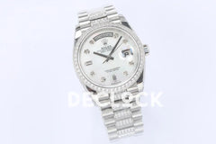 Replica Rolex Day-Date 36 128349RBR MOP Dial with Diamond Bezel in White Gold