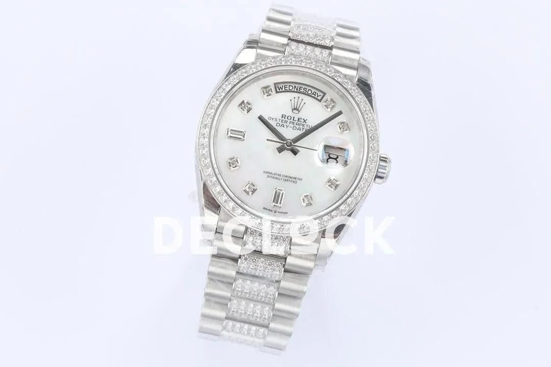Replica Rolex Day-Date 36 128349RBR MOP Dial with Diamond Bezel in White Gold |  Declock.