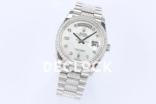 Replica Rolex Day-Date 36 128349RBR MOP Dial with Diamond Bezel in White Gold | Declock.