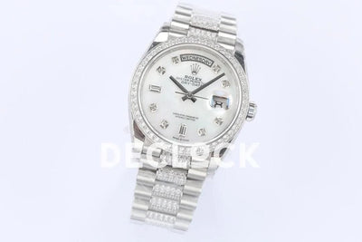 Replica Rolex Day-Date 36 128349RBR MOP Dial with Diamond Bezel in White Gold