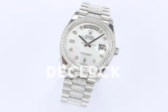 Replica Rolex Day-Date 36 128349RBR MOP Dial with Diamond Bezel in White Gold