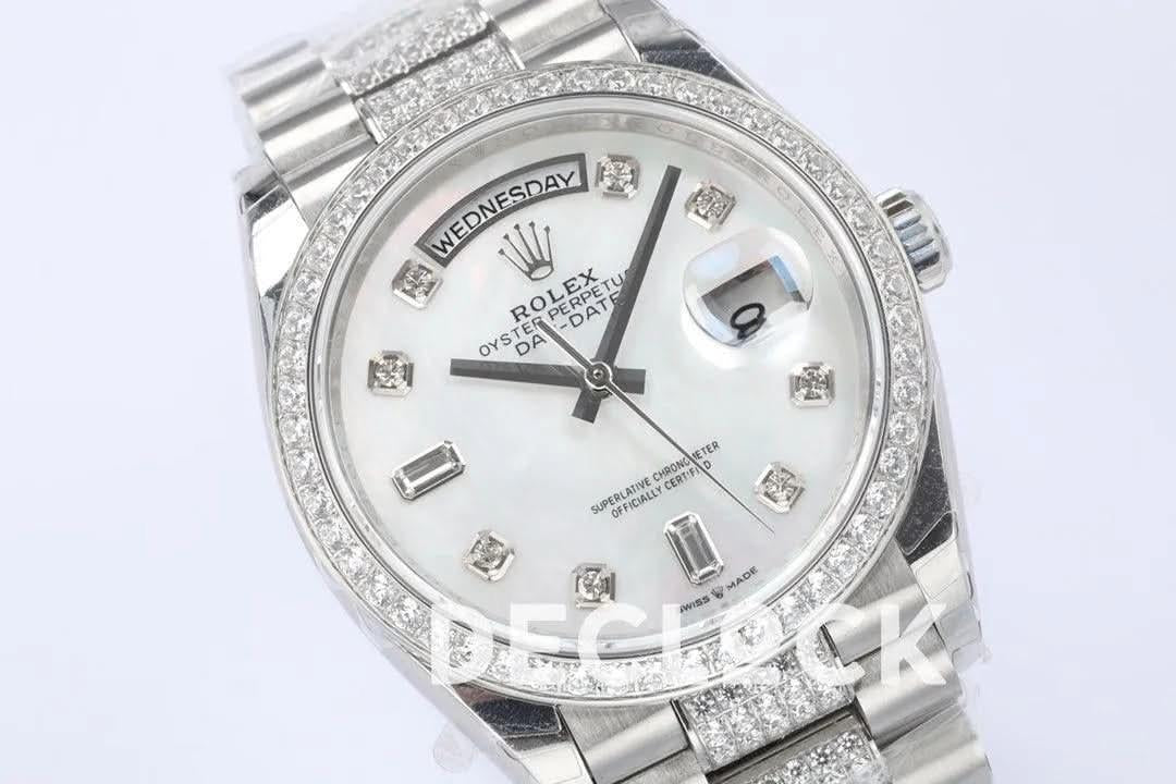 Replica Rolex Day-Date 36 128349RBR MOP Dial with Diamond Bezel in White Gold |  Declock.