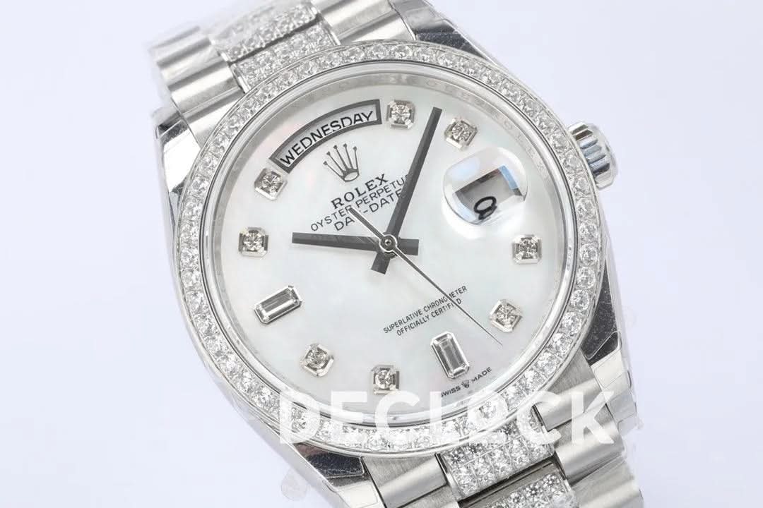 Replica Rolex Day-Date 36 128349RBR MOP Dial with Diamond Bezel in White Gold