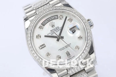Replica Rolex Day-Date 36 128349RBR MOP Dial with Diamond Bezel in White Gold