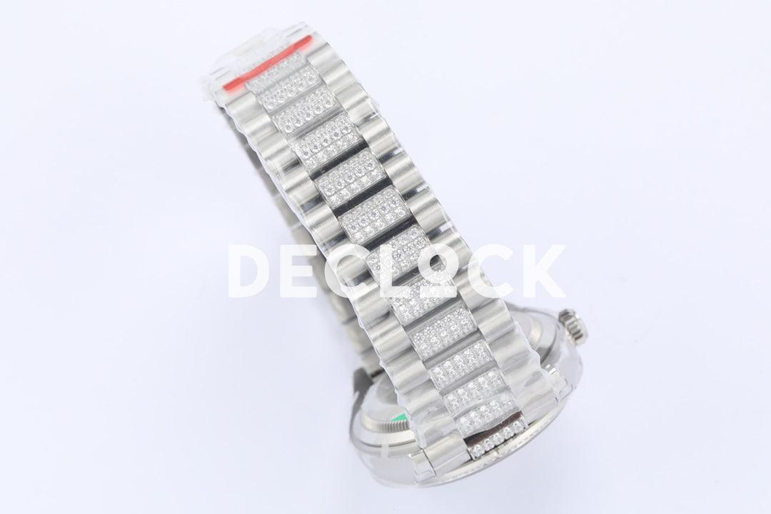 Replica Rolex Day-Date 36 128349RBR MOP Dial with Diamond Bezel in White Gold - Replica Watches