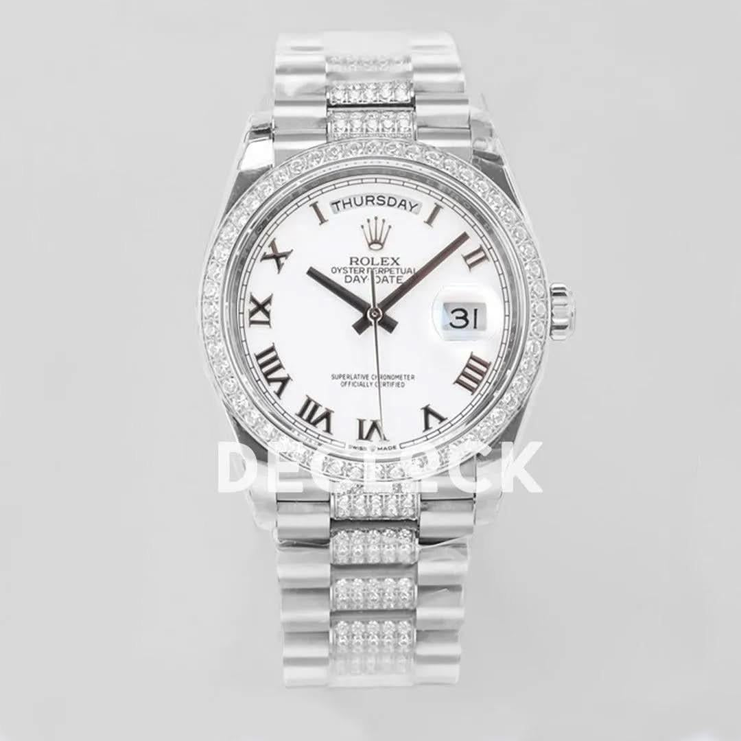 Replica Rolex Day-Date 36 128349RBR White Dial with Diamond Bezel in White Gold |  Declock.