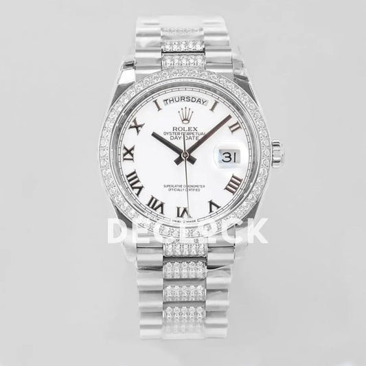 Replica Rolex Day-Date 36 128349RBR White Dial with Diamond Bezel in White Gold | Declock.