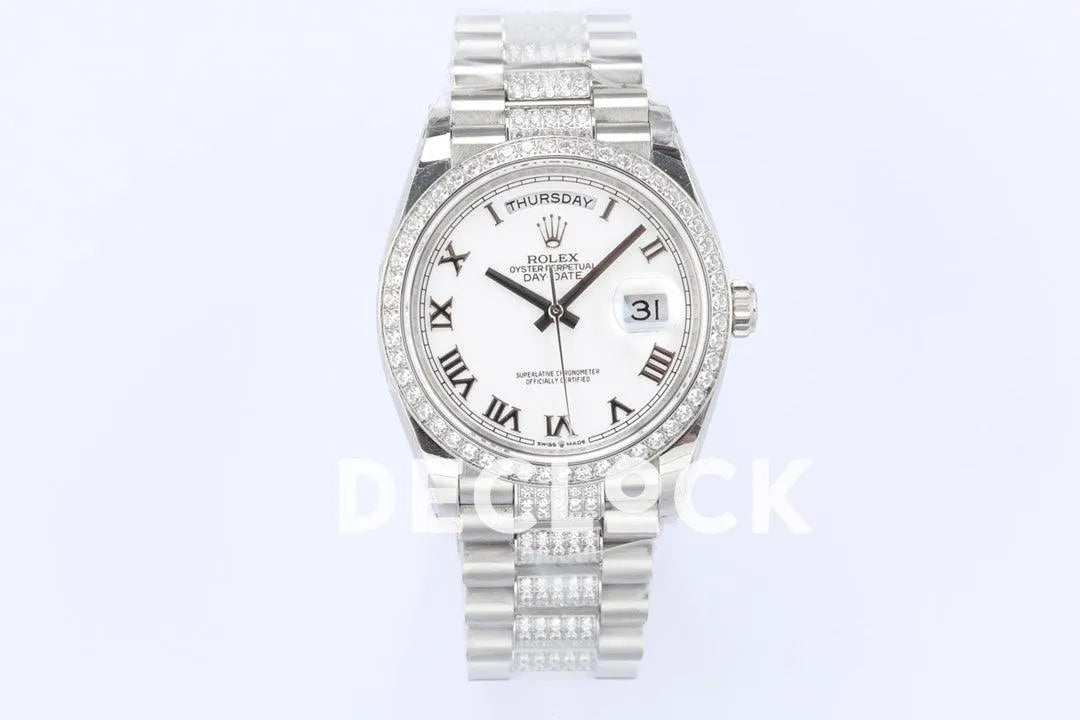 Replica Rolex Day-Date 36 128349RBR White Dial with Diamond Bezel in White Gold