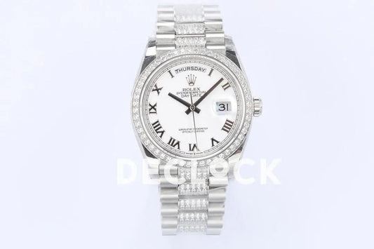 Replica Rolex Day-Date 36 128349RBR White Dial with Diamond Bezel in White Gold | Declock.