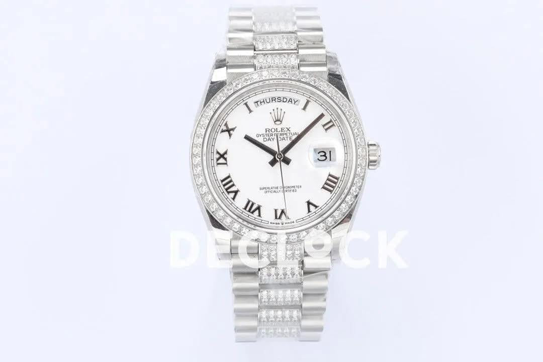 Replica Rolex Day-Date 36 128349RBR White Dial with Diamond Bezel in White Gold |  Declock.