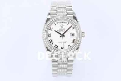 Replica Rolex Day-Date 36 128349RBR White Dial with Diamond Bezel in White Gold