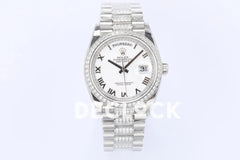 Replica Rolex Day-Date 36 128349RBR White Dial with Diamond Bezel in White Gold