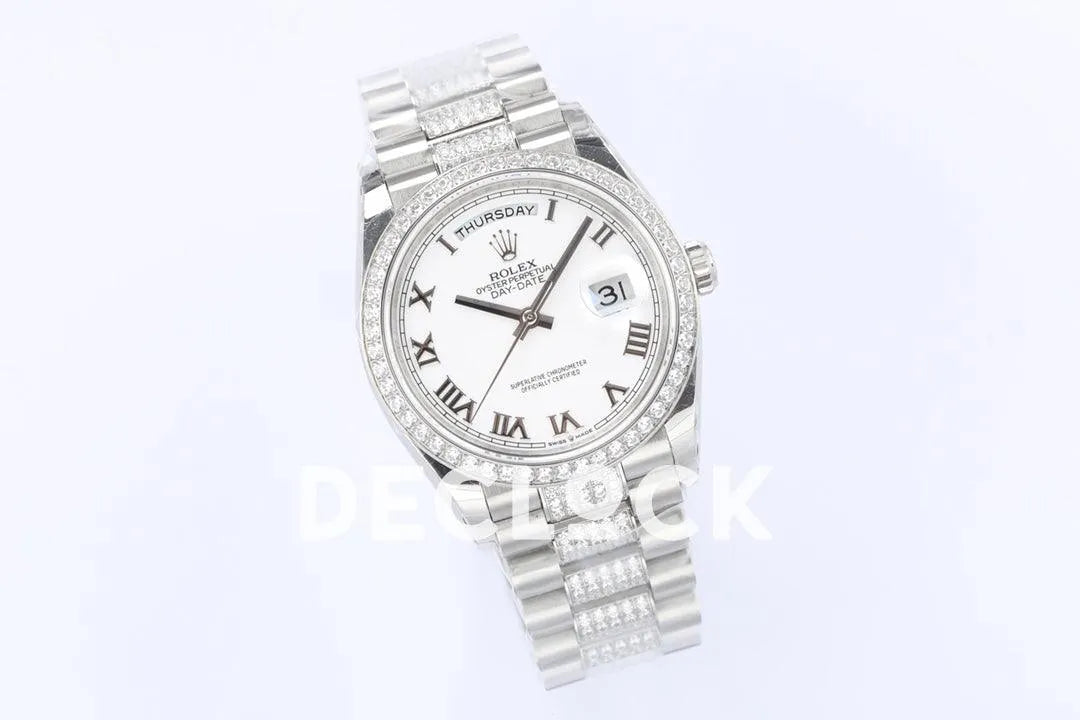 Replica Rolex Day-Date 36 128349RBR White Dial with Diamond Bezel in White Gold