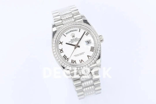 Replica Rolex Day-Date 36 128349RBR White Dial with Diamond Bezel in White Gold | Declock.