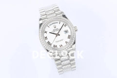 Replica Rolex Day-Date 36 128349RBR White Dial with Diamond Bezel in White Gold