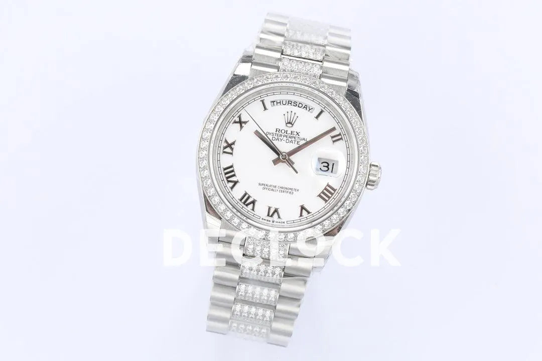 Replica Rolex Day-Date 36 128349RBR White Dial with Diamond Bezel in White Gold