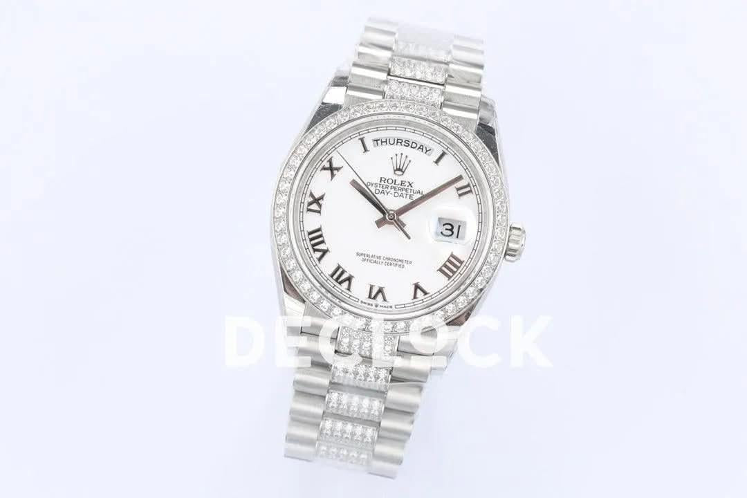 Replica Rolex Day-Date 36 128349RBR White Dial with Diamond Bezel in White Gold |  Declock.