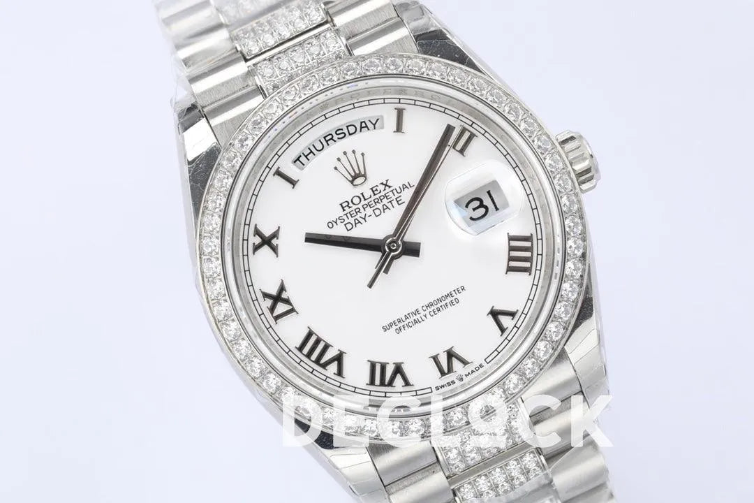 Replica Rolex Day-Date 36 128349RBR White Dial with Diamond Bezel in White Gold