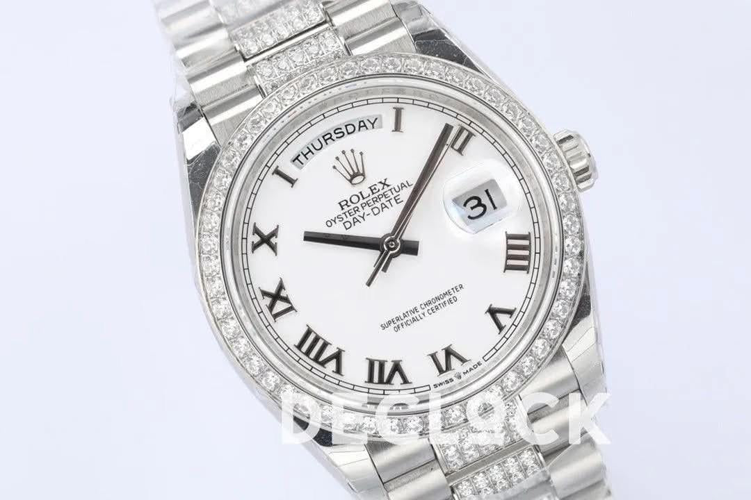 Replica Rolex Day-Date 36 128349RBR White Dial with Diamond Bezel in White Gold |  Declock.