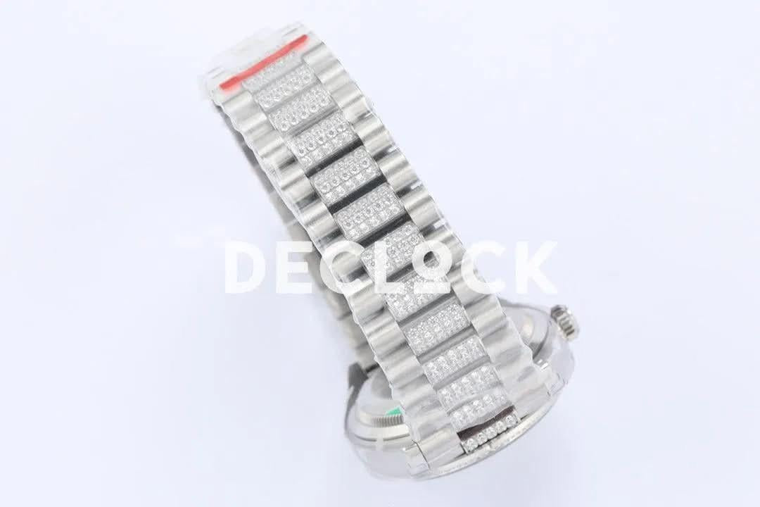Replica Rolex Day-Date 36 128349RBR White Dial with Diamond Bezel in White Gold |  Declock.