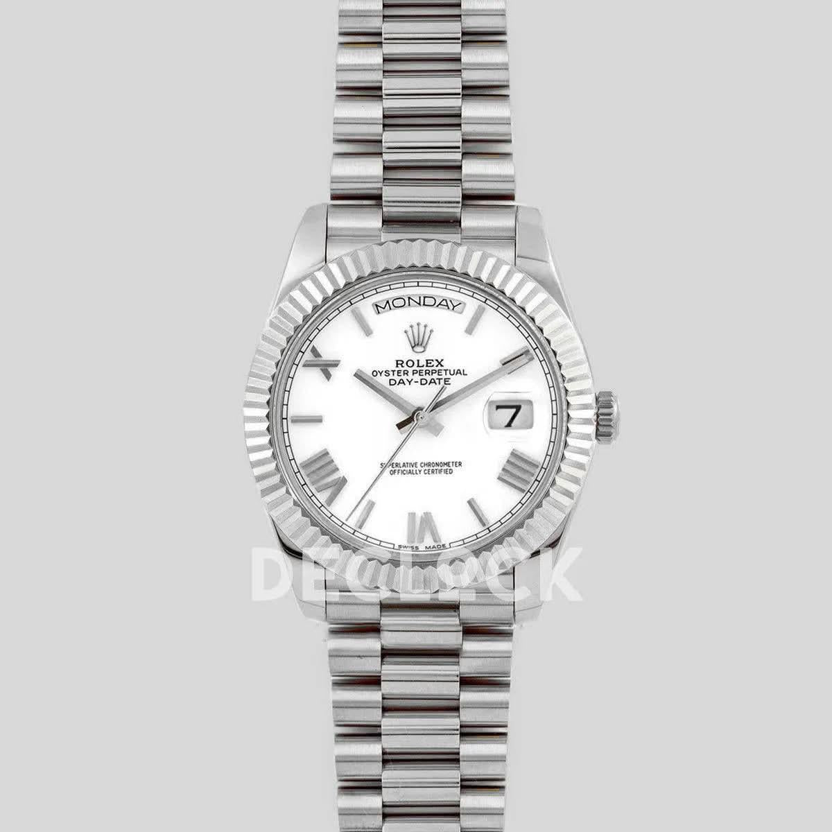 Replica Rolex Day-Date 36/40 228238 White Dial in White Gold |  Declock.