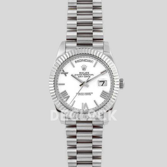 Replica Rolex Day-Date 36/40 228238 White Dial in White Gold |  Declock.