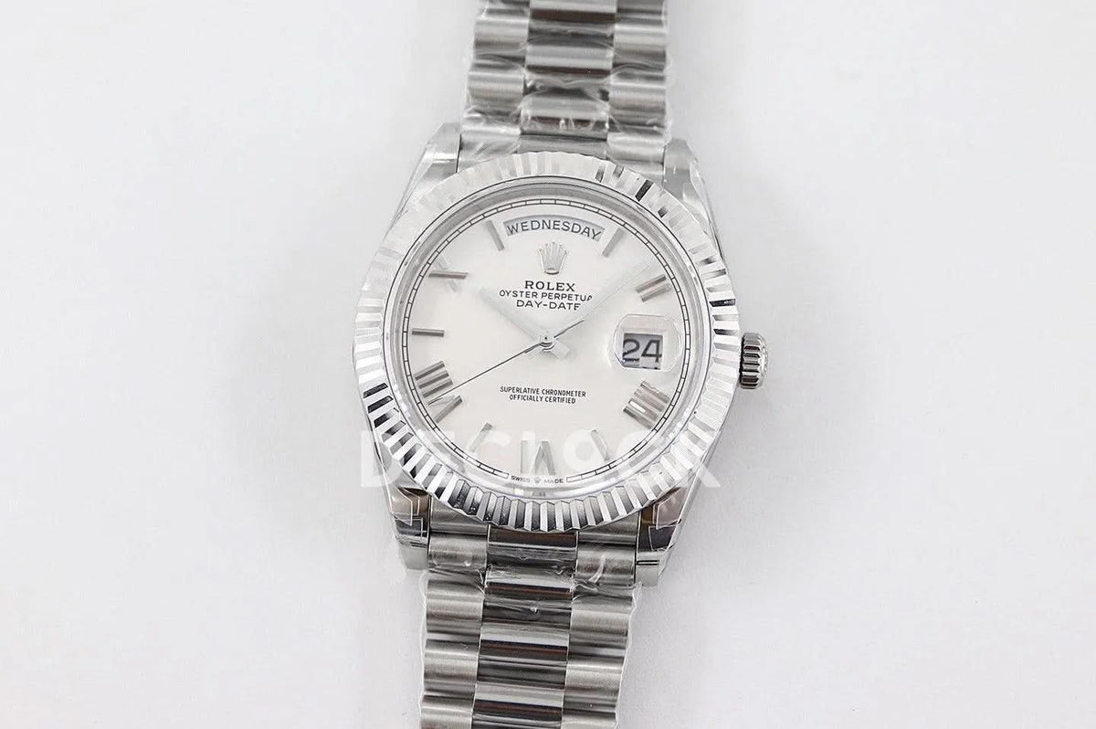 Replica Rolex Day-Date 36/40 228238 White Dial in White Gold |  Declock.