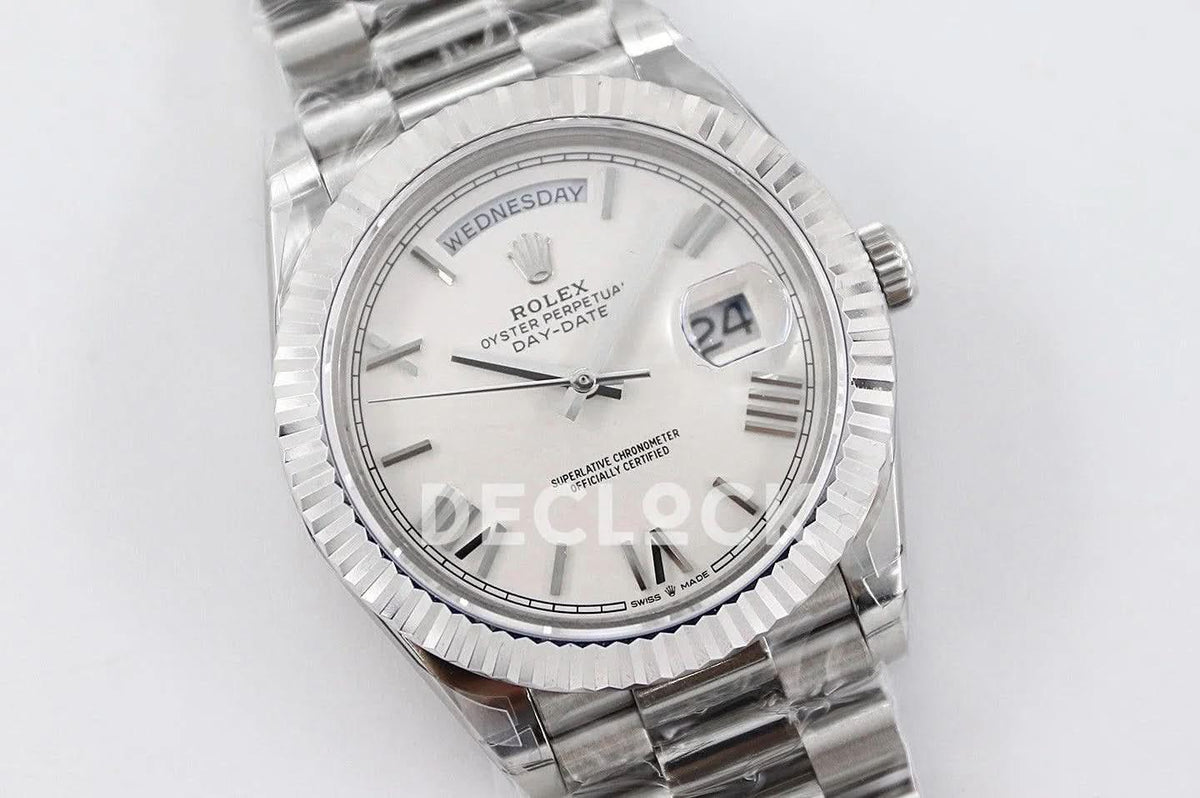 Replica Rolex Day-Date 36/40 228238 White Dial in White Gold |  Declock.