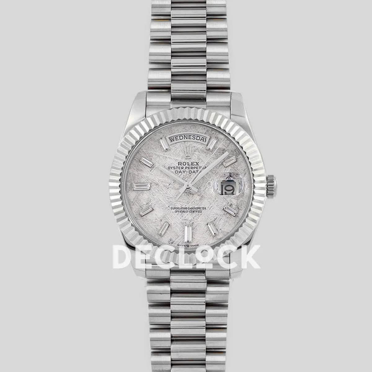 Replica Rolex Day-Date 36/40 228239 Meteorite Dial with Diamond Markers in White Gold |  Declock.
