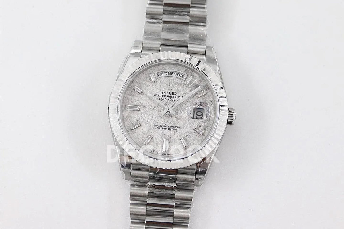 Replica Rolex Day-Date 36/40 228239 Meteorite Dial with Diamond Markers in White Gold |  Declock.