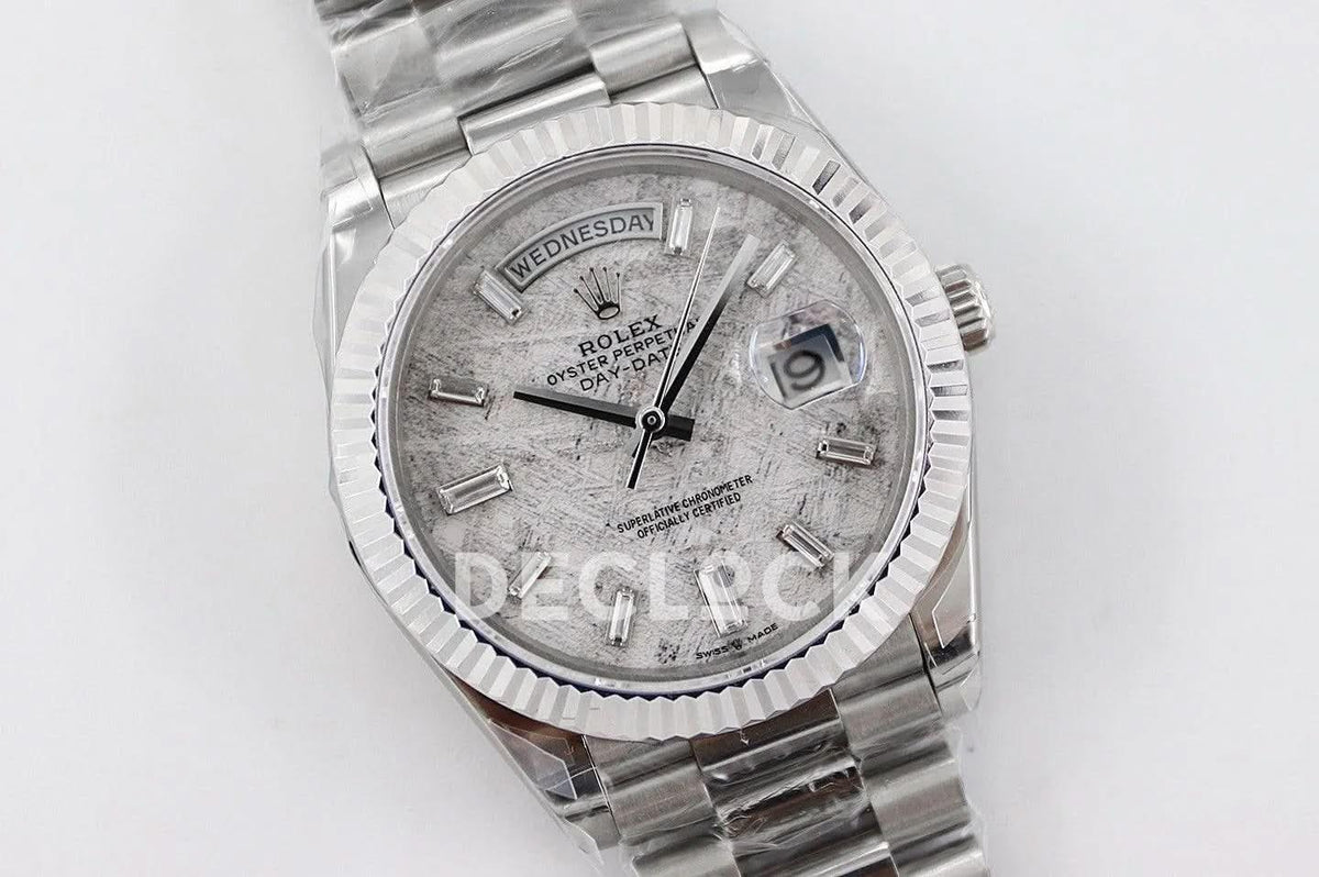 Replica Rolex Day-Date 36/40 228239 Meteorite Dial with Diamond Markers in White Gold |  Declock.