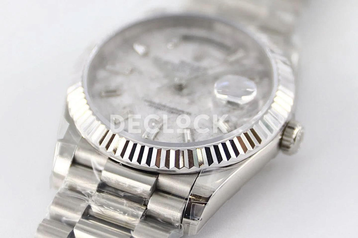 Replica Rolex Day-Date 36/40 228239 Meteorite Dial with Diamond Markers in White Gold |  Declock.